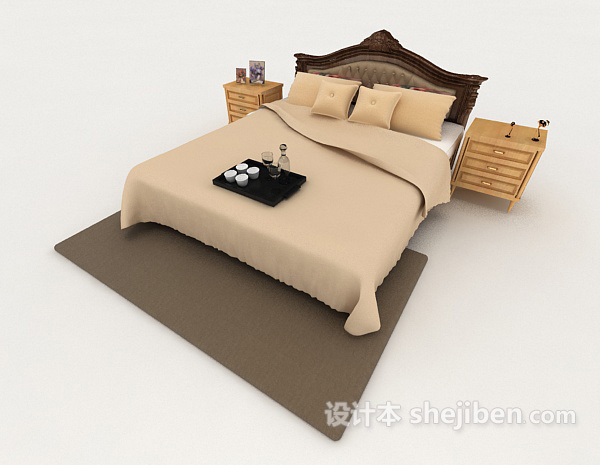 家居棕色木质简单双人床3d模型下载