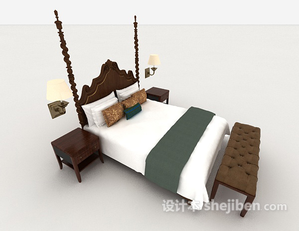 设计本家居木质白色双人床3d模型下载