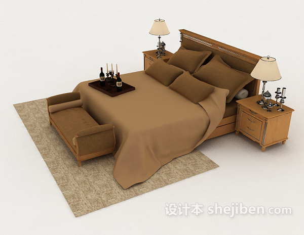 设计本现代棕色家居双人床3d模型下载