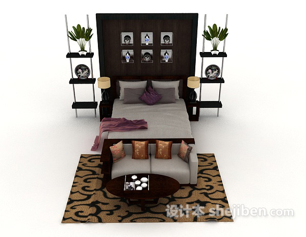 中式风格新中式居家床3d模型下载