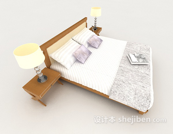 免费商务简单木质白色双人床3d模型下载