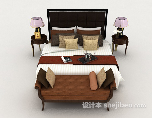现代风格棕色木质商务双人床3d模型下载