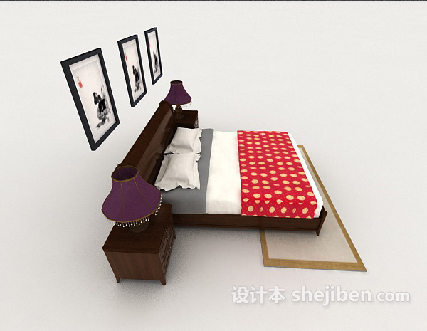 设计本中式木质棕色双人床3d模型下载
