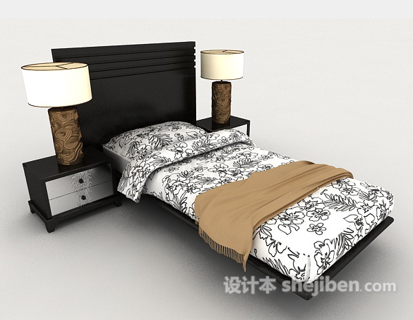 新中式风格单人床3d模型下载
