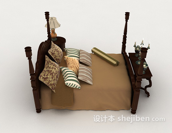 设计本中式家居棕色木质双人床3d模型下载