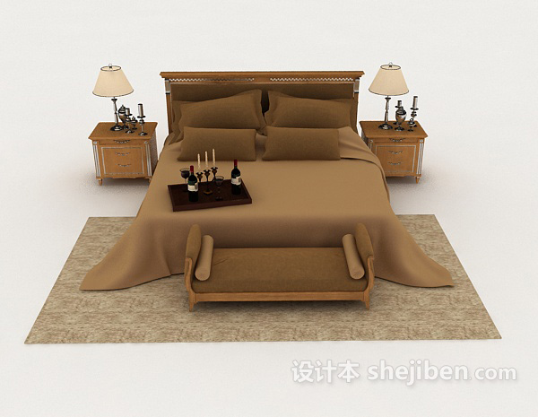 现代风格现代棕色家居双人床3d模型下载
