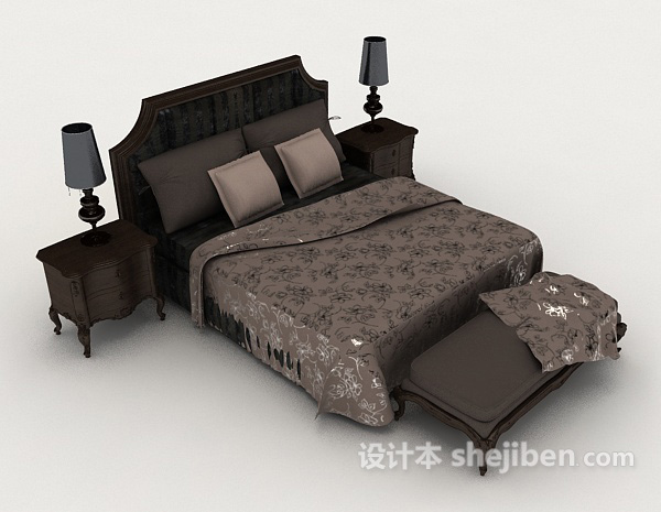 欧式灰色木质双人床3d模型下载