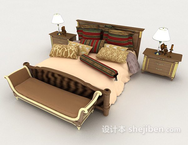 免费现代家居黄色木质双人床3d模型下载