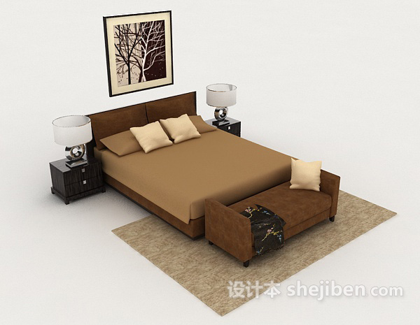 家居木质棕色简约双人床3d模型下载