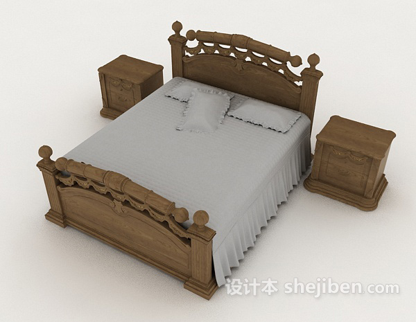 免费家居灰色简约木质双人床3d模型下载