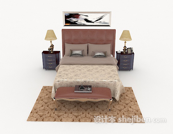 现代风格居家实木双人床3d模型下载