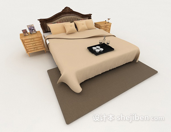 免费家居棕色木质简单双人床3d模型下载