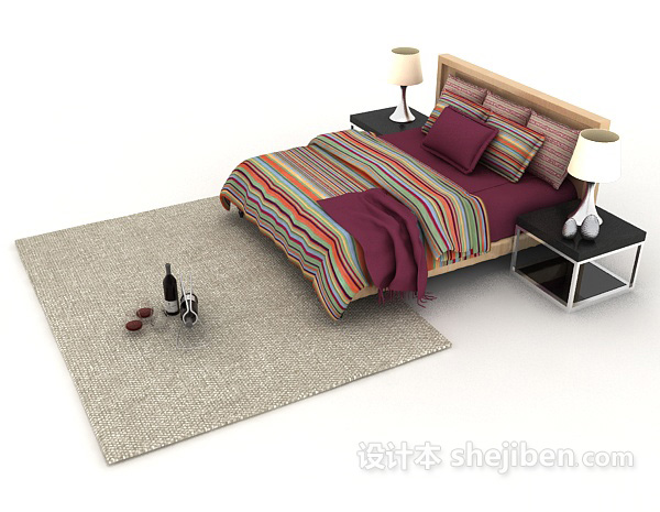 设计本个性彩色条纹双人床3d模型下载