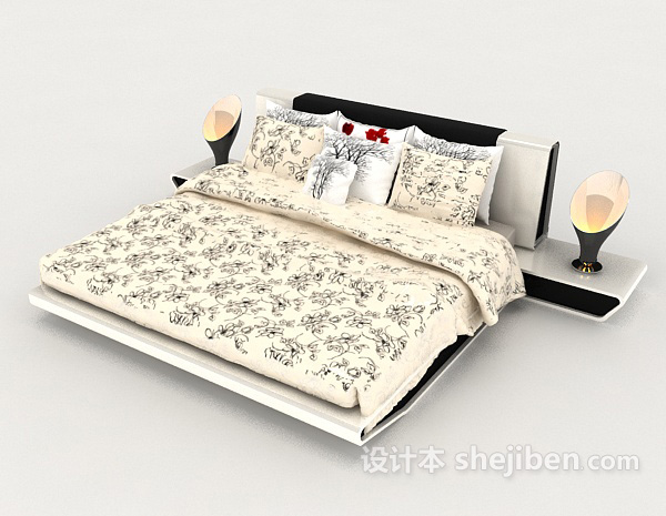 免费清新现代双人床3d模型下载