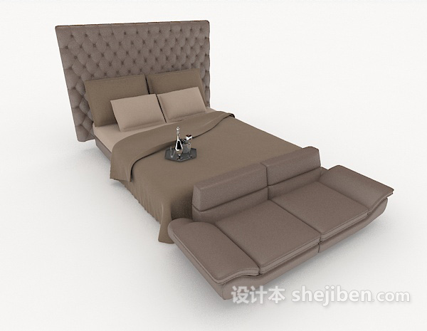 免费灰棕色简约家居双人床3d模型下载