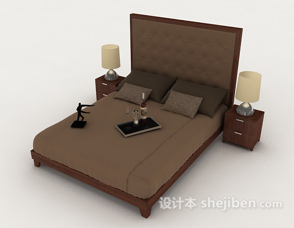 免费简单木质棕色双人床3d模型下载