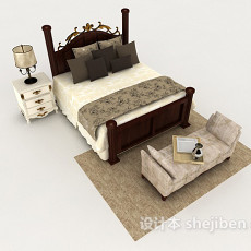 欧式木质简单家居双人床3d模型下载