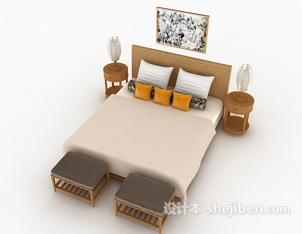 现代风格现代实木居家双人床3d模型下载