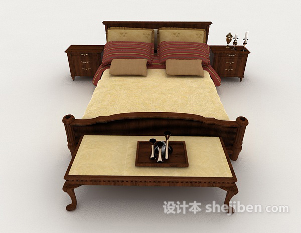 中式风格中式复古家居木质双人床3d模型下载