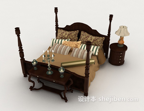 中式家居棕色木质双人床3d模型下载