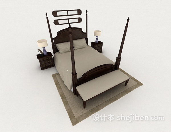 免费新中式家居实木双人床3d模型下载