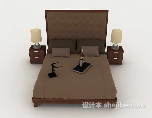 现代风格简单木质棕色双人床3d模型下载