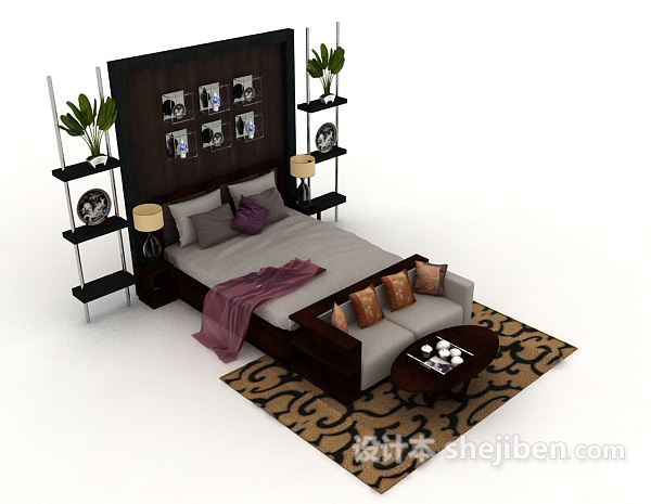 新中式居家床3d模型下载