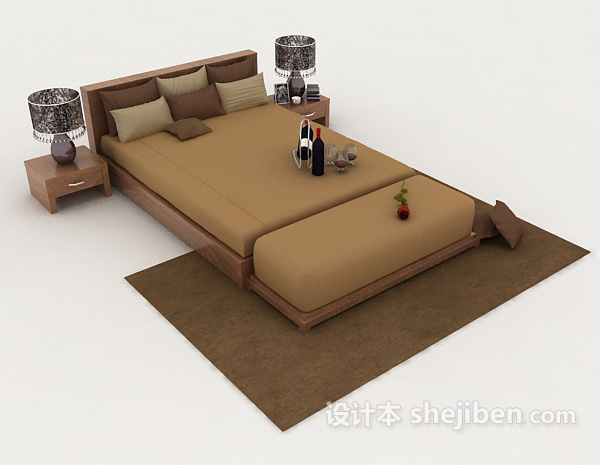 免费棕色简单双人床3d模型下载