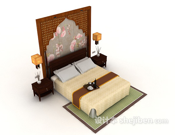 新中式木质家居复古双人床3d模型下载