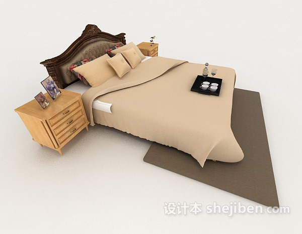 设计本家居棕色木质简单双人床3d模型下载