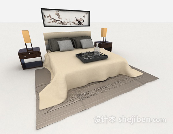 免费新中式风格家居床3d模型下载