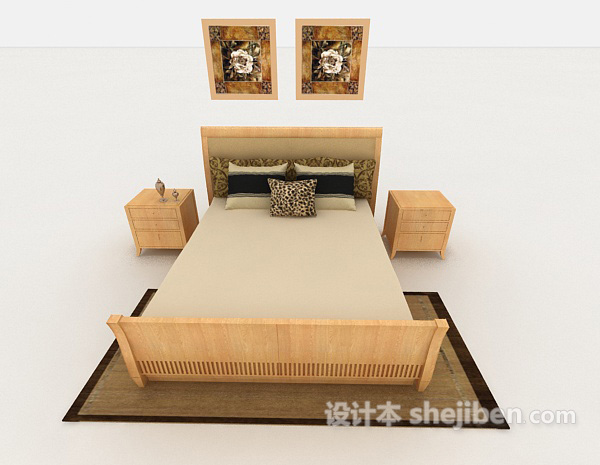 现代风格家居黄色木质双人床3d模型下载