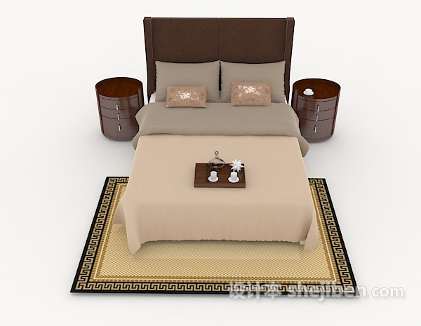 现代风格现代木质棕色家居简约双人床3d模型下载