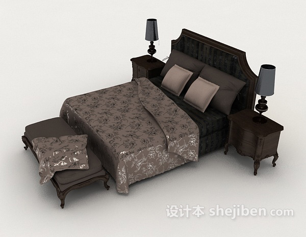 设计本欧式灰色木质双人床3d模型下载