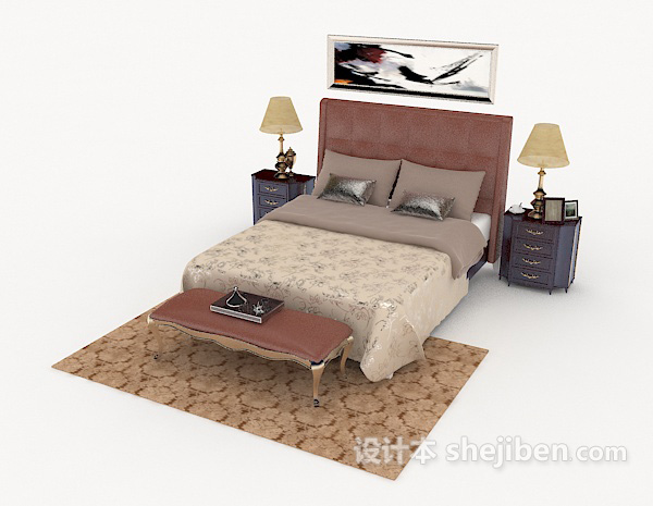 免费居家实木双人床3d模型下载