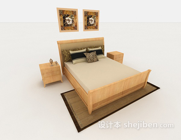 免费家居黄色木质双人床3d模型下载