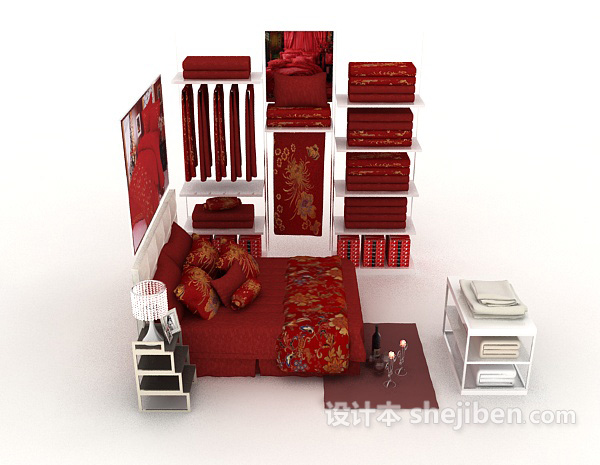 设计本中式红色喜庆双人床3d模型下载