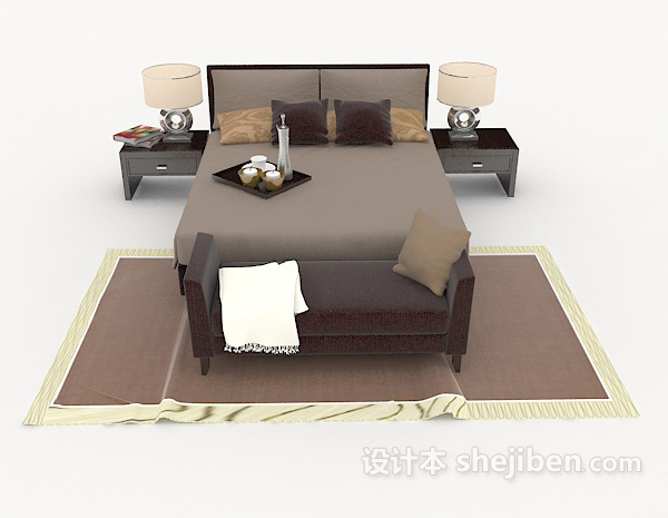 现代风格家居简约灰色木质双人床3d模型下载