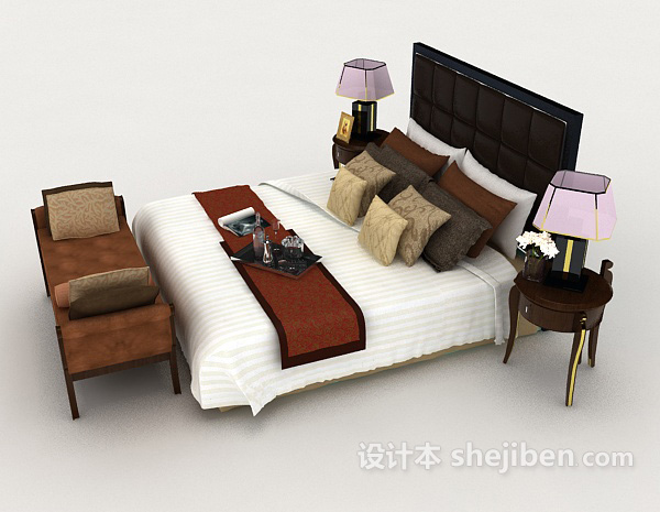 设计本棕色木质商务双人床3d模型下载