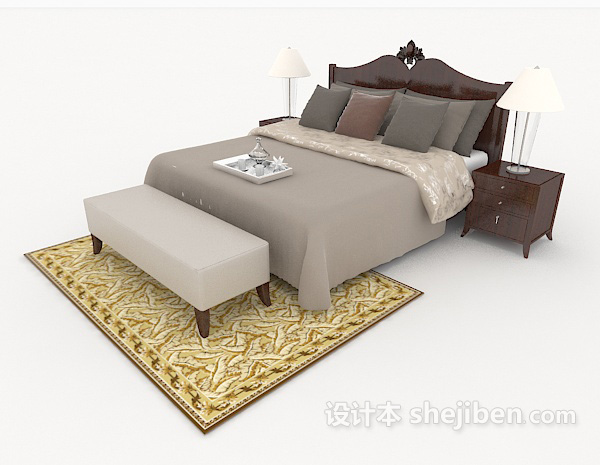 中式木质灰棕色双人床3d模型下载