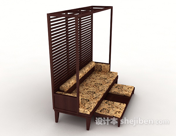 设计本中式木质双人沙发3d模型下载
