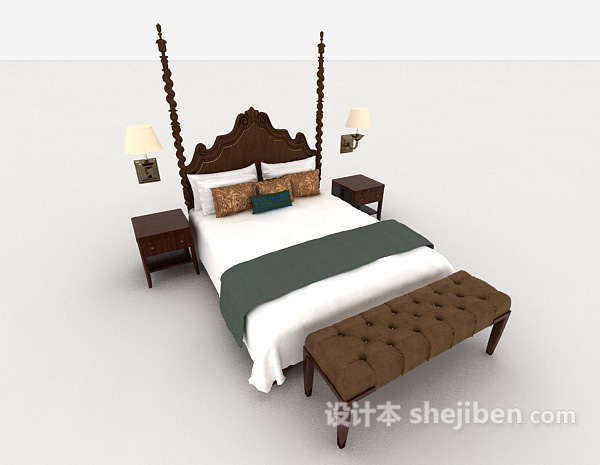 免费家居木质白色双人床3d模型下载
