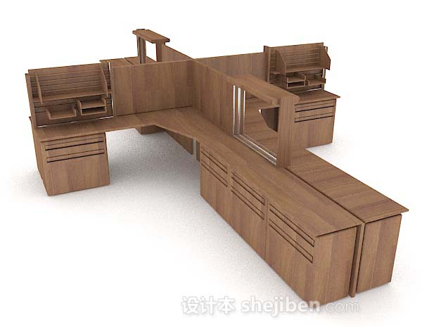 设计本简约棕色木质多人办公桌3d模型下载