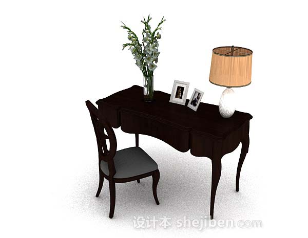 免费欧式简约木质棕色书桌椅3d模型下载