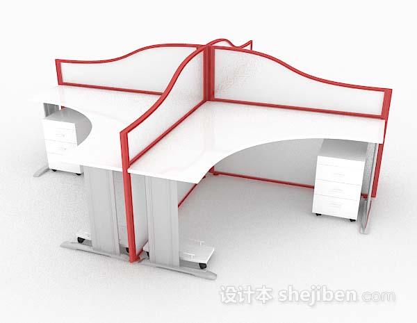 免费白色红边四人办公桌3d模型下载