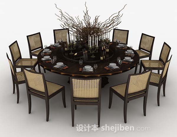 设计本棕色木质圆形餐桌3d模型下载