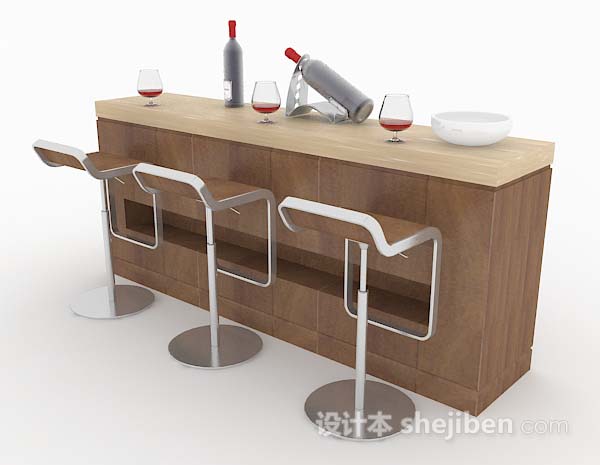 现代风格棕色木质吧台桌椅组合3d模型下载