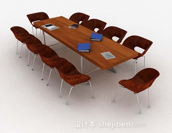 现代风格棕色木质会议桌椅组合3d模型下载