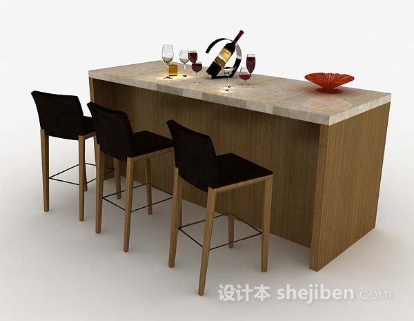 免费家居简约木质吧台桌椅组合3d模型下载