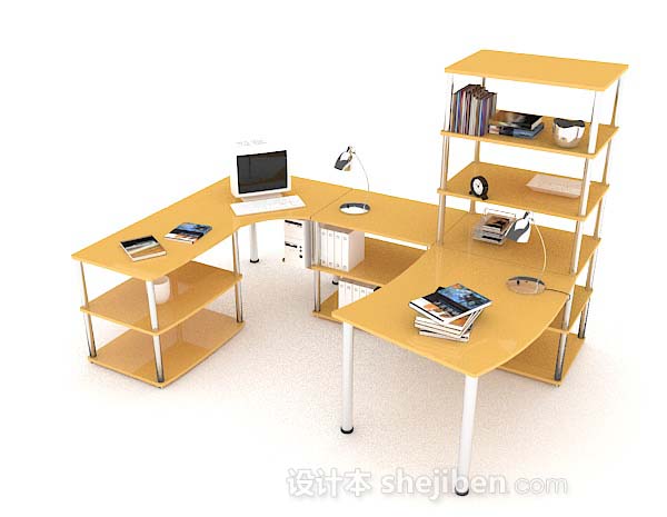 黄色木质办公桌椅组合3d模型下载